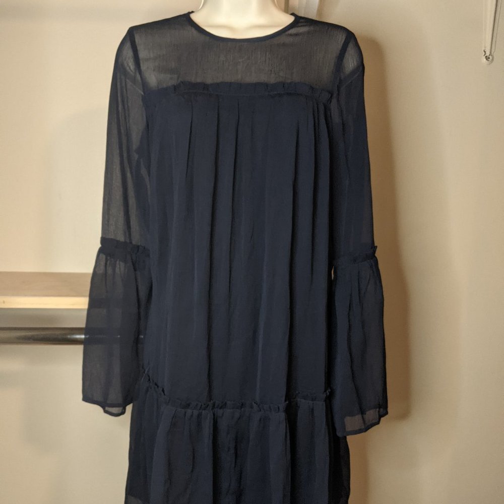 H&M Navy Boho Dress with Sheer Neckline and Bell Sleeves